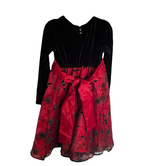 Blueberi Boulevard Girls Red Black Party Dress. Velvet Feel Top, Embroidered 6 - Picture 10 of 11